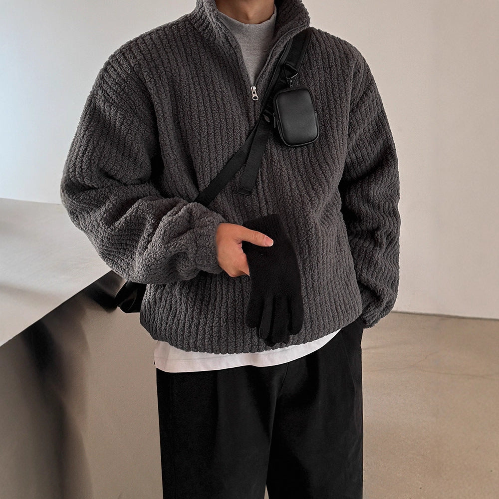 Coat &amp Fashionable  Sheepskin-like Fleece Stand-up Collar Loose Fit Warm Winter Outerwear, Unisex Coat