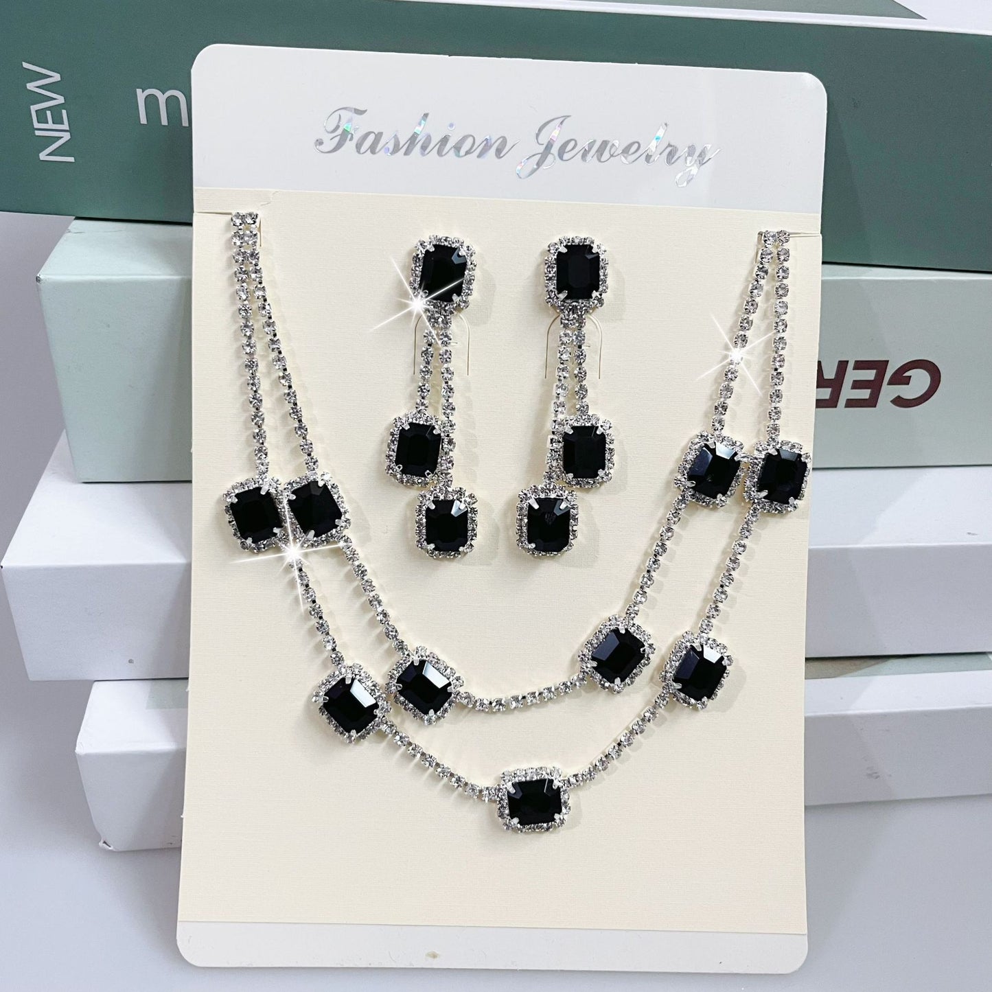 Square Double-layer Necklace and Tassel Earrings Jewelry Set