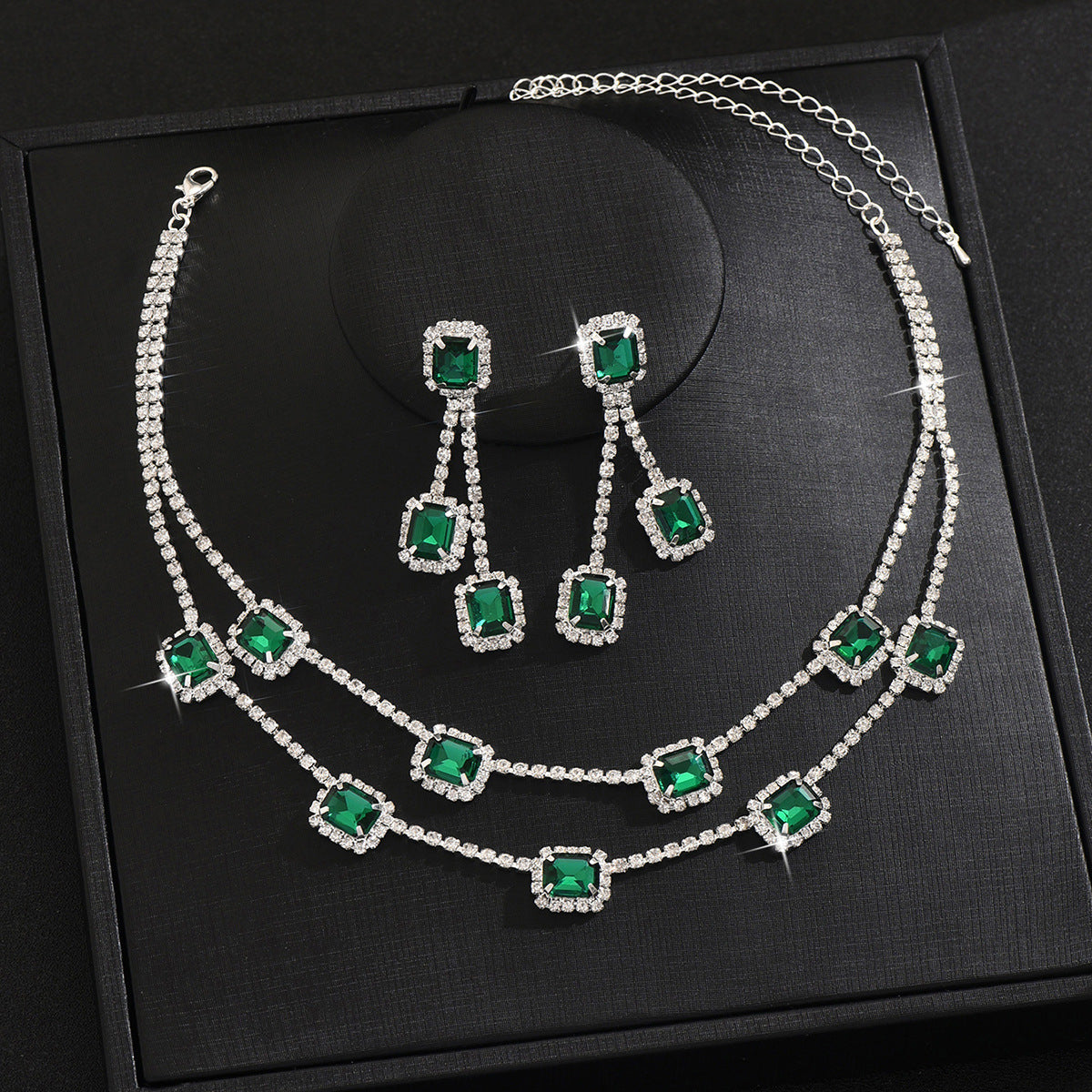 Square Double-layer Necklace and Tassel Earrings Jewelry Set