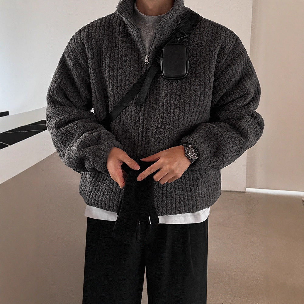 Coat &amp Fashionable  Sheepskin-like Fleece Stand-up Collar Loose Fit Warm Winter Outerwear, Unisex Coat