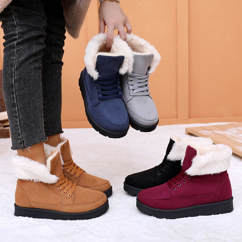 Winter Women's Cotton Boots with Turned-Up Edge, Fleece Lining, Comfortable Thick Sole, Fashionable and Versatile Snow Boots