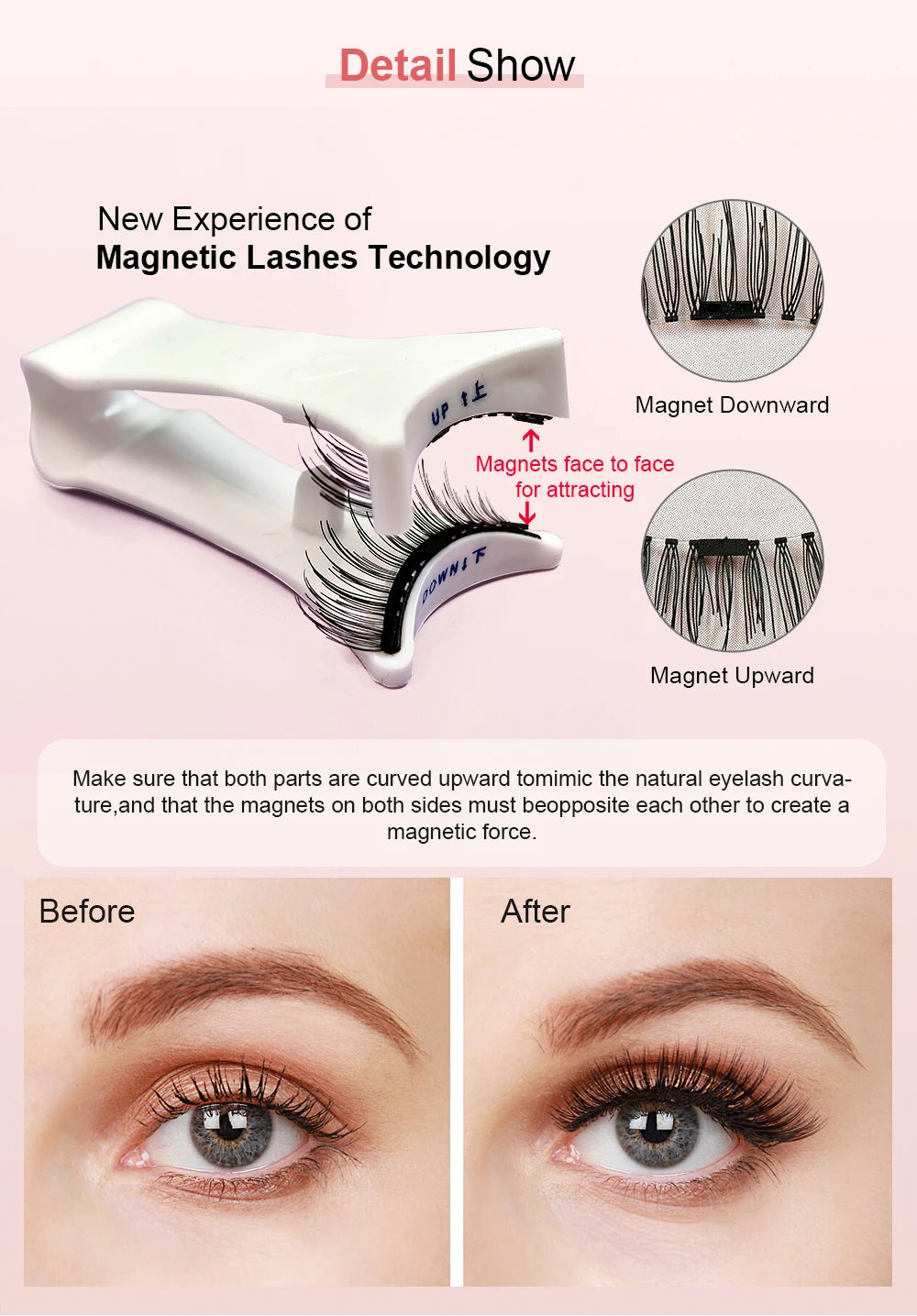 Magnetic Eyelashes Set 1 Pair Reusable No Glue Needed False Eyelashes with Magnetic Tweezers Curly Faux Lashes Makeup Tool