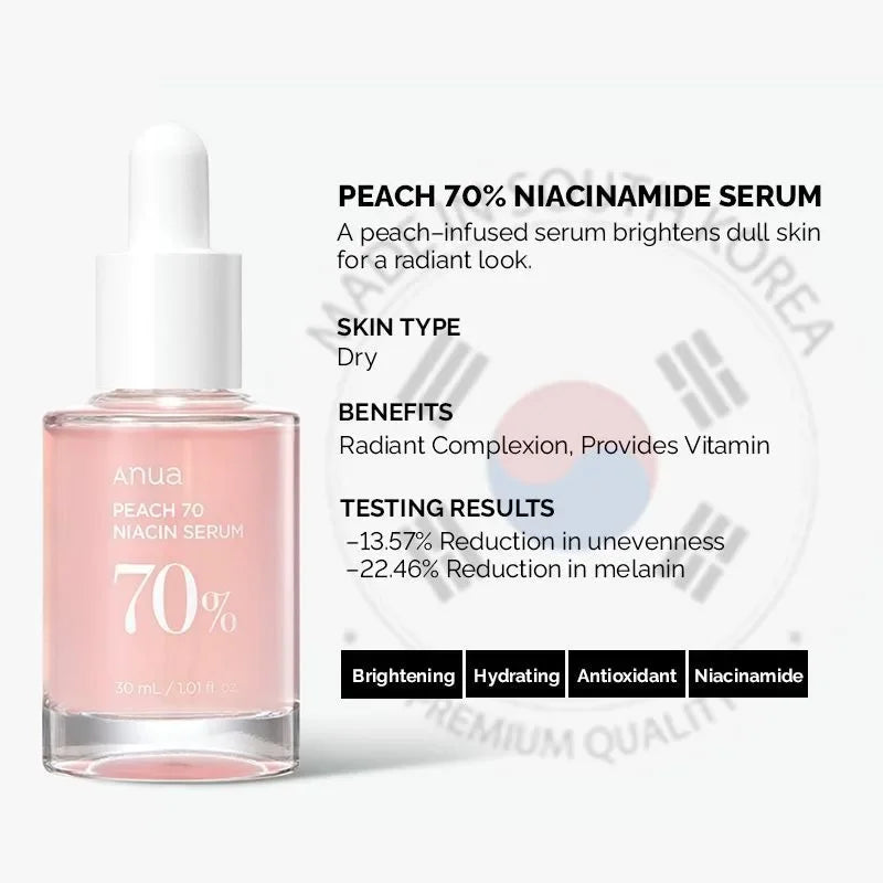 Anua Peach 70 Niacinamide Serum 30ml, Moisturizing Facial Serum, Skin Improvement, Daily Cleansing Beauty, Korean Skincare