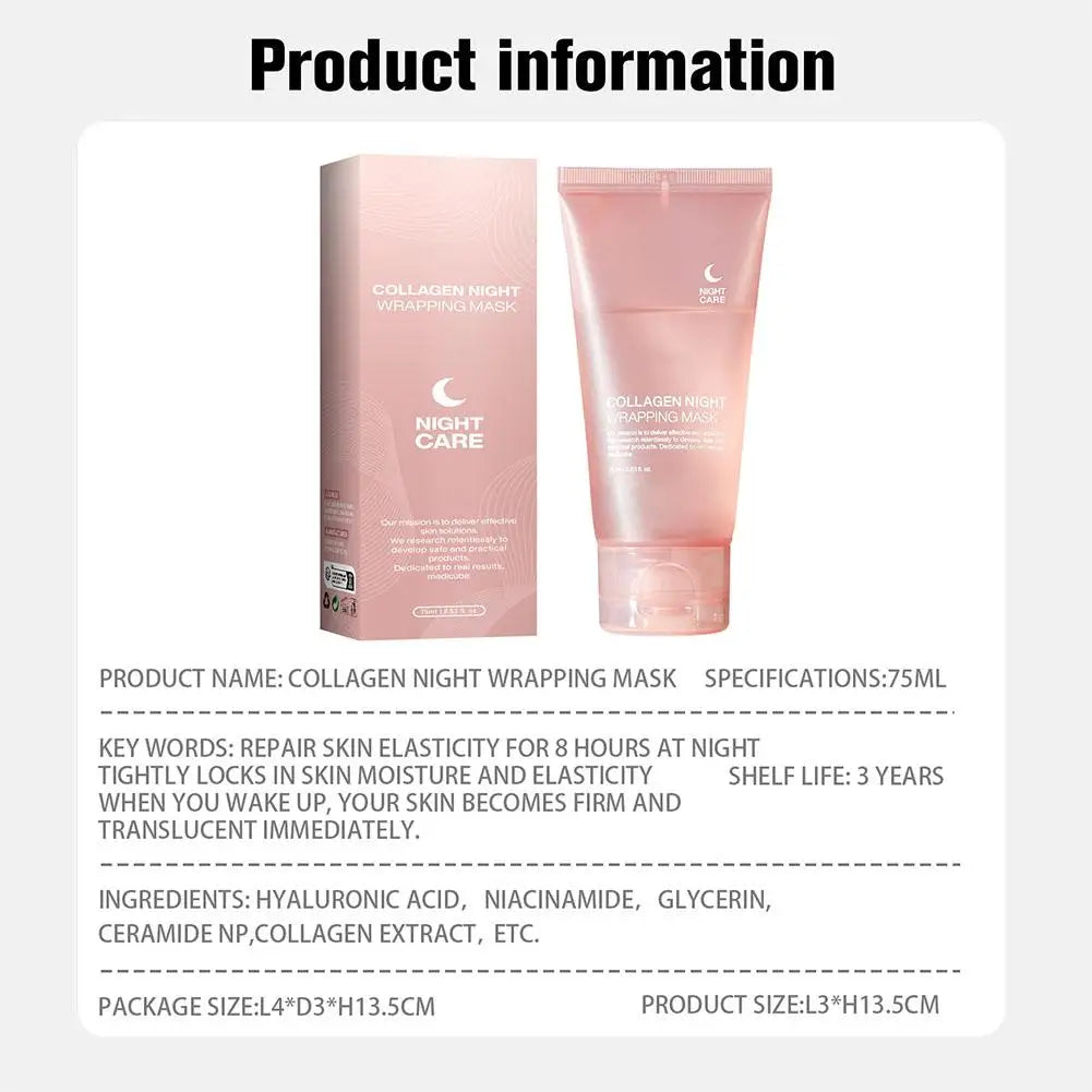 Hydrolyzed Collagen Overnight Facial Mask Wrapping Peel-Off Mask Hydrating Firming Mask for Elasticity Reduces Sagging Dullness